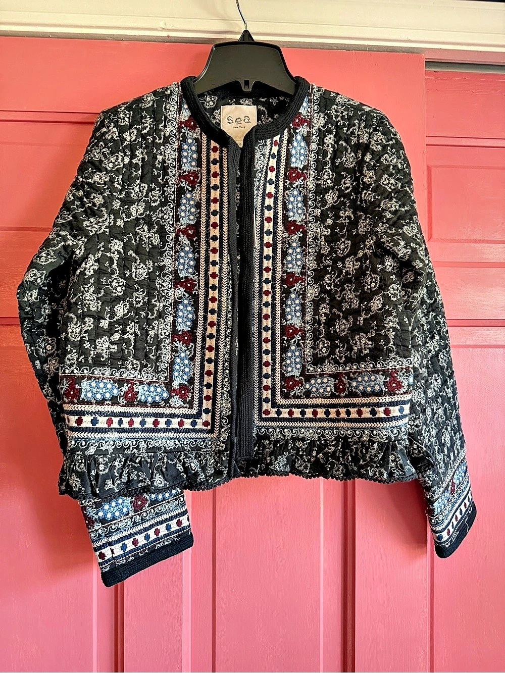 Sea New York Everly Embroidery Quilted Jacket Black & Blue XS, NWT